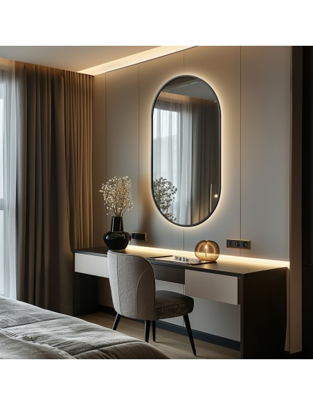 Ovaler Spiegel mit schwarzem Rahmen MDF SLIM, mit Hintergrundbeleuchtung - OLI LED - Rahmenfarbe nach Wahl