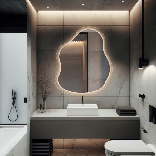 Spiegel in organischer Form auf Floatglas mit Beleuchtung...