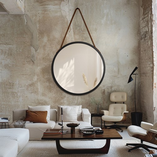 Rundspiegel mit Rahmen schwarz matt, Hängeriemen aus...