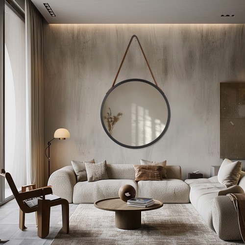 Rundspiegel mit Rahmen schwarz matt, Hängeriemen aus... 2