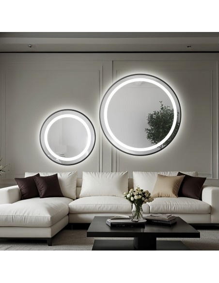 Set von Rundspiegeln mit Hintergrundbeleuchtung, sandgestrahlt, Rahmen schwarz MDF SLIM STELLA LED II - Rahmenfarbe nach Wahl