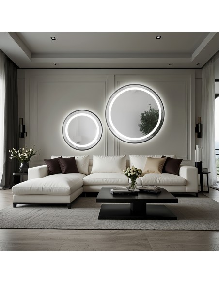 Set von Rundspiegeln mit Hintergrundbeleuchtung, sandgestrahlt, Rahmen schwarz MDF SLIM STELLA LED II - Rahmenfarbe nach Wahl