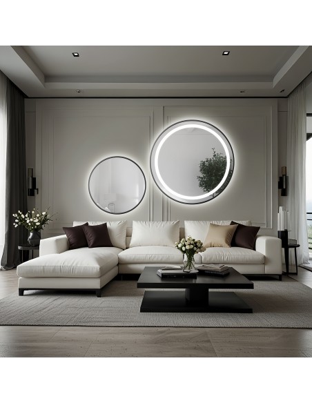 Set von Rundspiegeln mit Hintergrundbeleuchtung, sandgestrahlt, Rahmen schwarz MDF SLIM STELLA LED - Rahmenfarbe nach Wahl