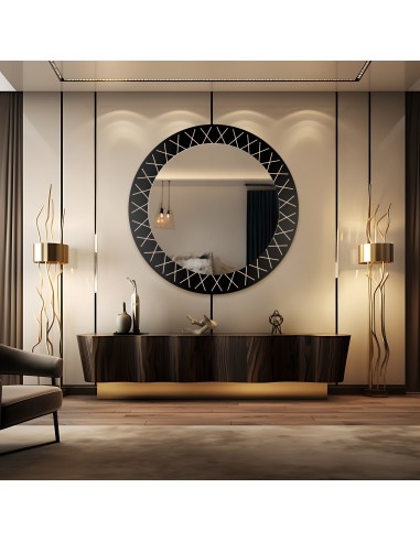 Runder Spiegel auf schwarzem Lacobel mit...