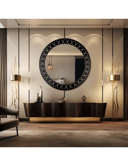 Runder Spiegel auf schwarzem Lacobel mit goldenem Muster - LINIERO