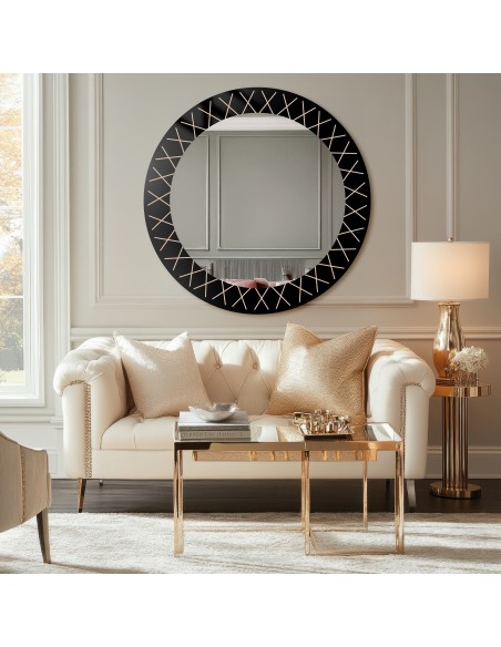 Runder Spiegel auf schwarzem Lacobel mit goldenem Muster - LINIERO