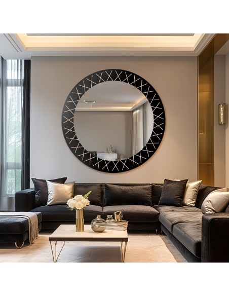 Runder Spiegel auf schwarzem Lacobel mit goldenem Muster - LINIERO