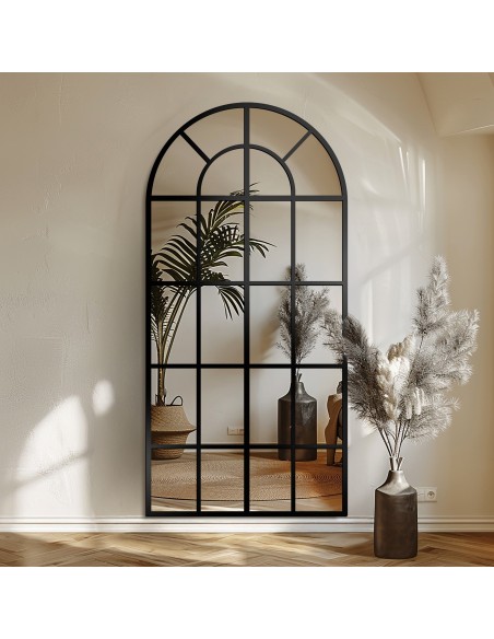 Bogenspiegel mit Sprossenleisten Rahmen in Loftoptik MDF - FENSTER I - Rahmenfarbe nach Wahl