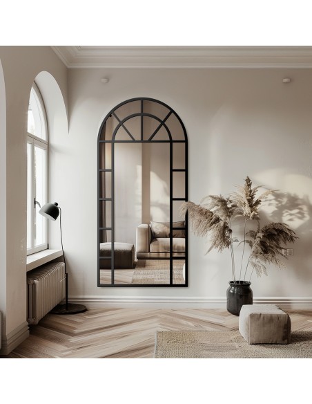 Bogenspiegel mit Sprossenleisten Rahmen in Loftoptik MDF - FENSTER II - Rahmenfarbe nach Wahl