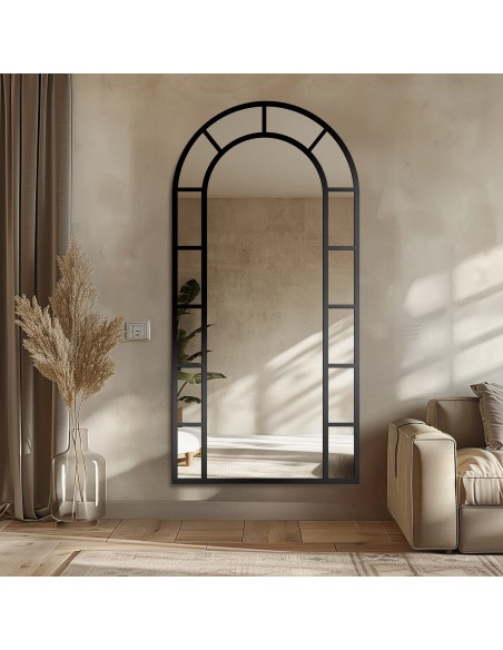 Bogenspiegel mit Sprossenleisten Rahmen in Loftoptik MDF - FENSTER III - Rahmenfarbe nach Wahl