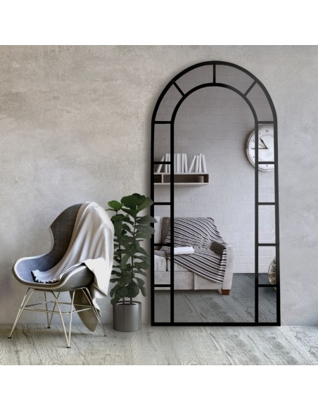 Bogenspiegel mit Sprossenleisten Rahmen in Loftoptik MDF - FENSTER III - Rahmenfarbe nach Wahl