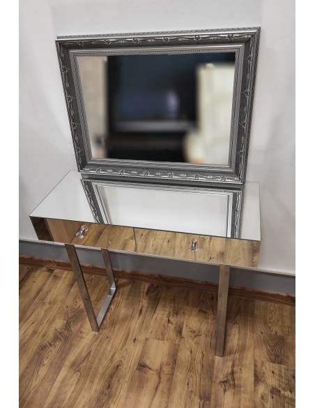 Schminktisch - Konsole aus Spiegeltafeln mit silberfarbenen Loftbeinen in Glamouroptik - SCHMINKTISCH SILBER