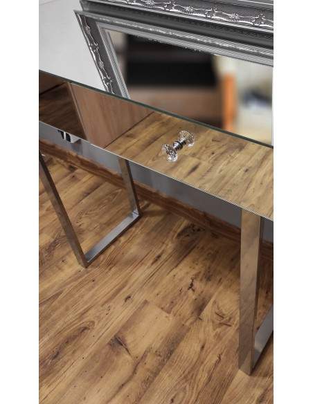 Schminktisch - Konsole aus Spiegeltafeln mit silberfarbenen Loftbeinen in Glamouroptik - SCHMINKTISCH SILBER