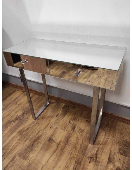 Schminktisch - Konsole aus Spiegeltafeln mit silberfarbenen Loftbeinen in Glamouroptik - SCHMINKTISCH SILBER