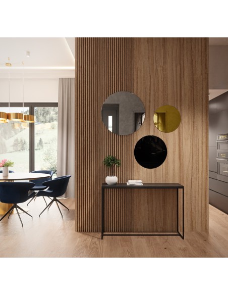 Set von drei runden Dekospiegeln, schwarze (Lacobel) und goldfarbene Spiegeltafel - GOLDI