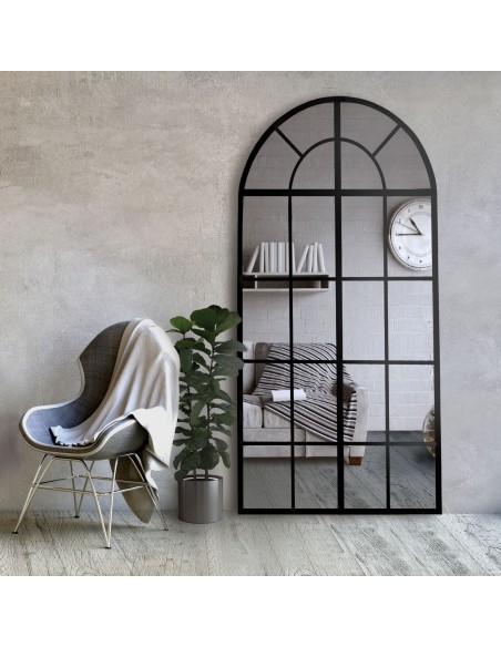 Bogenspiegel mit Sprossenleisten Rahmen in Loftoptik MDF - FENSTER I - Rahmenfarbe nach Wahl