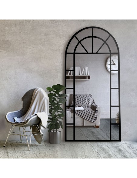 Bogenspiegel mit Sprossenleisten Rahmen in Loftoptik MDF - FENSTER II - Rahmenfarbe nach Wahl