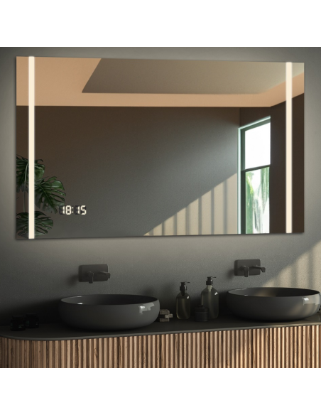 Rechteckiger Badezimmerspiegel mit Digitaluhr und Temperatursensor - FLAWIA LED PREMIUM