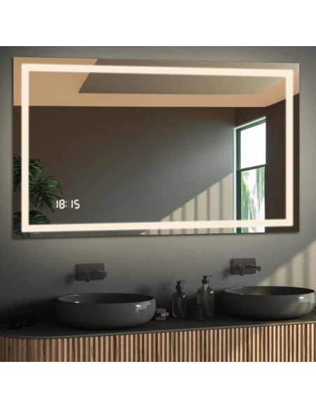Rechteckiger Badezimmerspiegel mit Digitaluhr und Temperatursensor - EMI LED PREMIUM