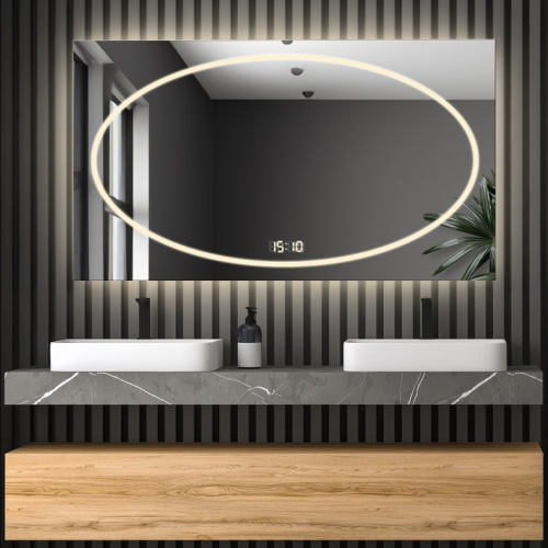 Rechteckiger Badezimmerspiegel mit Digitaluhr und...