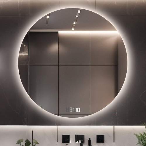 Badezimmerspiegel rund mit Digitaluhr und...