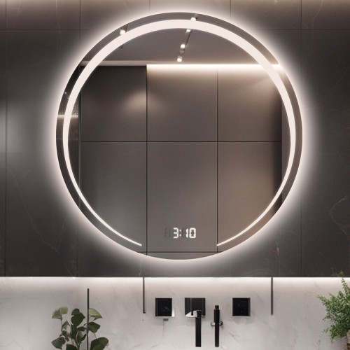 Badezimmerspiegel rund mit Digitaluhr und...