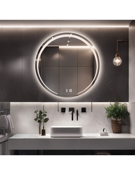 Badezimmerspiegel rund mit Digitaluhr und Temperatursensor - NELA LED PREMIUM