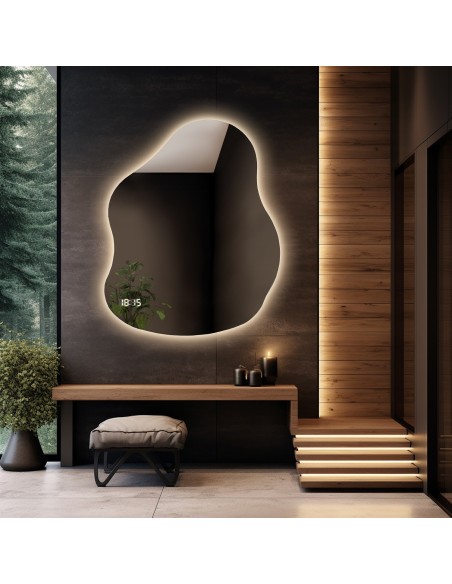 Badezimmerspiegel in unregelmäßiger Form mit Digitaluhr und Temperatursensor - STONE LED PREMIUM