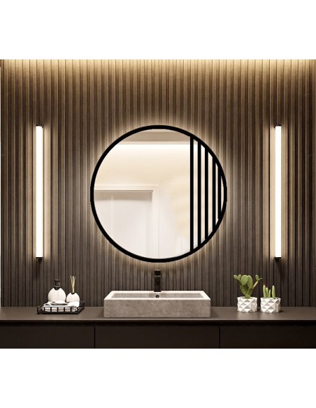 Rundspiegel mit Sprossenleisten und Hintergrundbeleuchtung, MDF-Rahmen schwarz matt, in Loftoptik - LOTIS LED